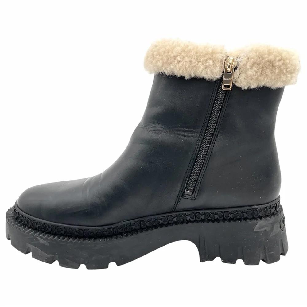 Coach Jane Black Leather Shearling Trim Booties Size 9